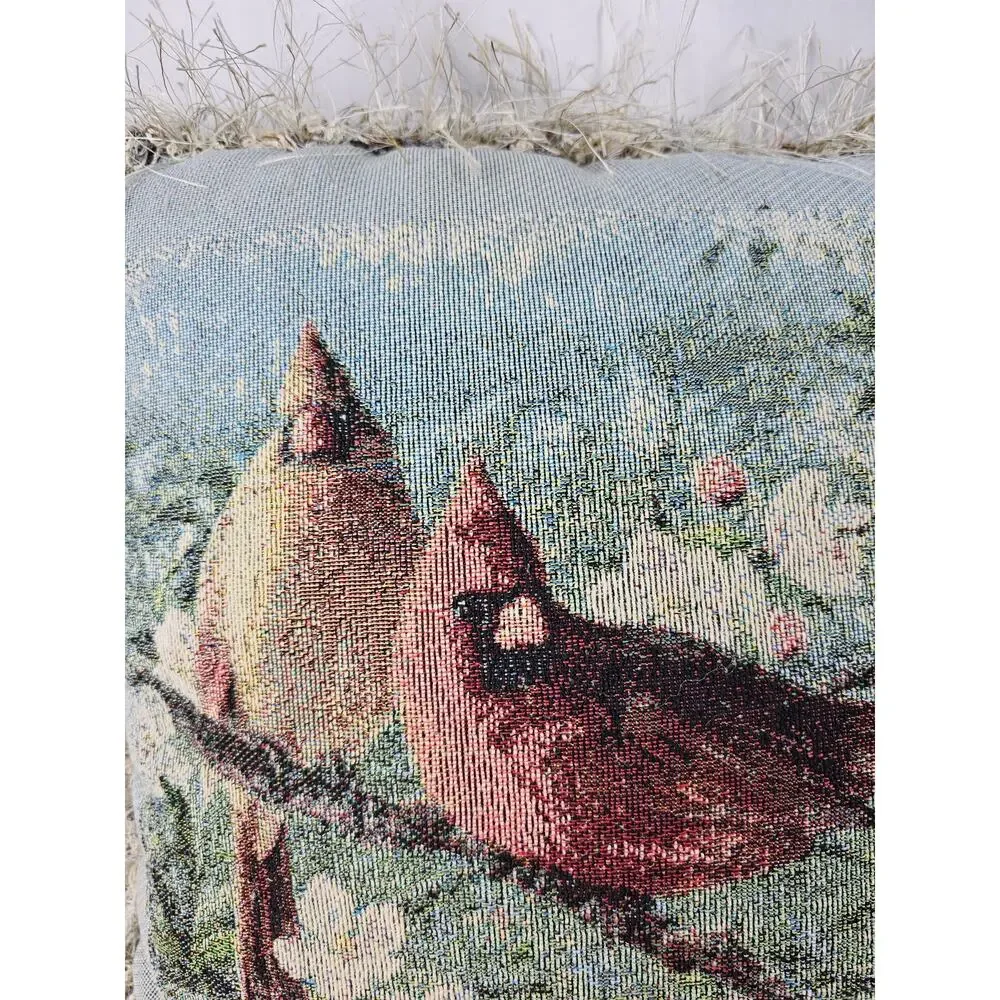 Gorgeous Tapestry Throw Pillow Features Winter Scene w/ 2‎ Cardinals on a branch